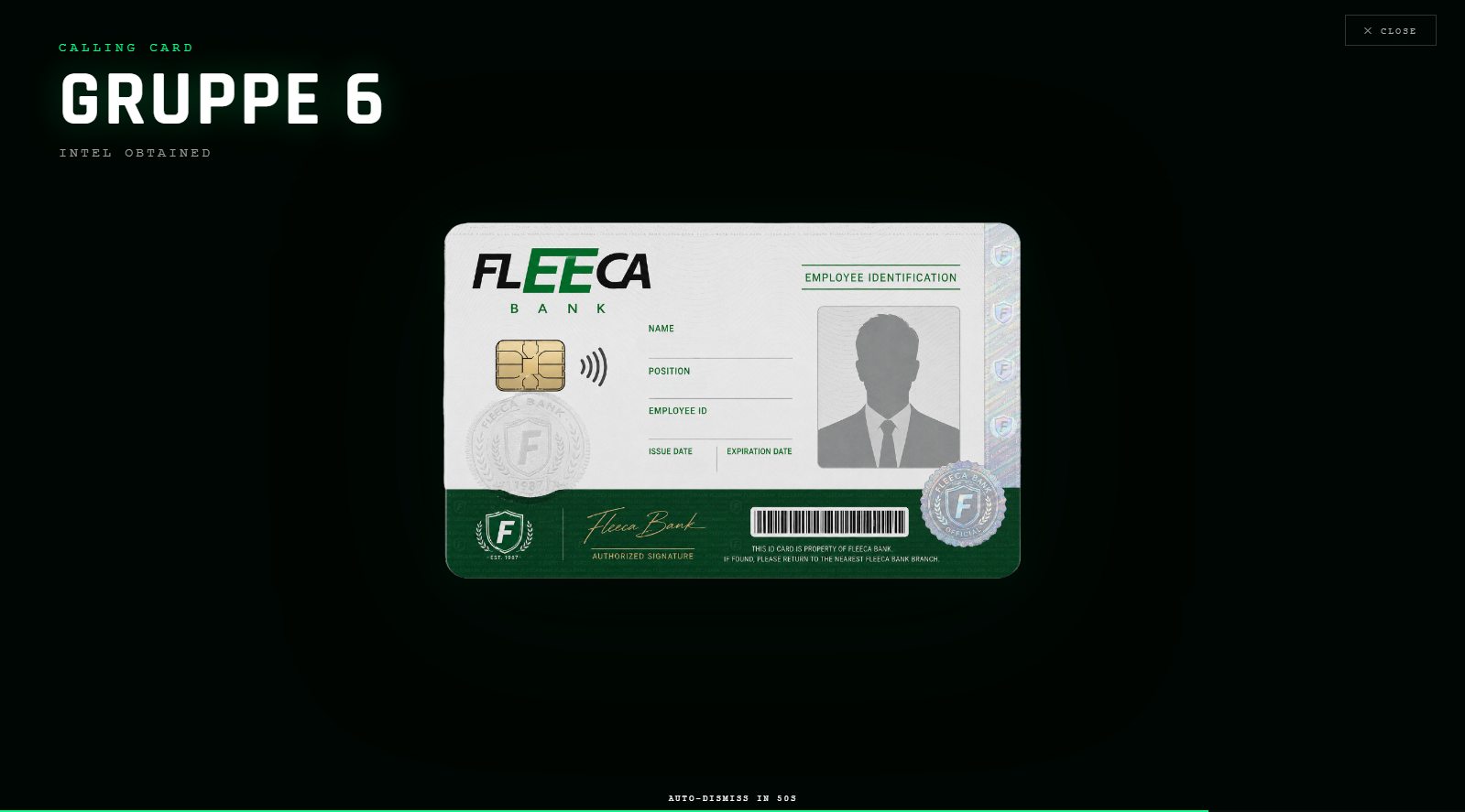 The card reveal overlay shown when the Fleeca keycard is recovered