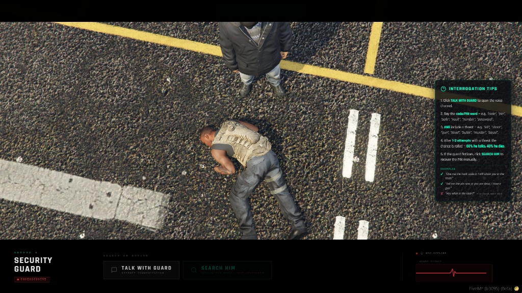 The interrogation screen over a downed guard: talk or search, with a live mic meter and the guard's vitals